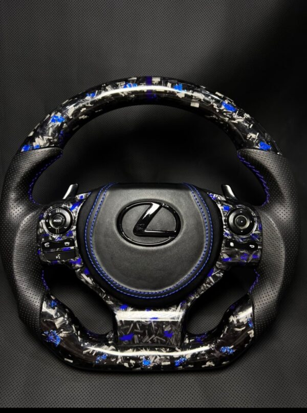 Lexus F Sport Blue Forged Carbon Fiber Steering Wheel | Custom Flat Bottom | Black Perforated Leather