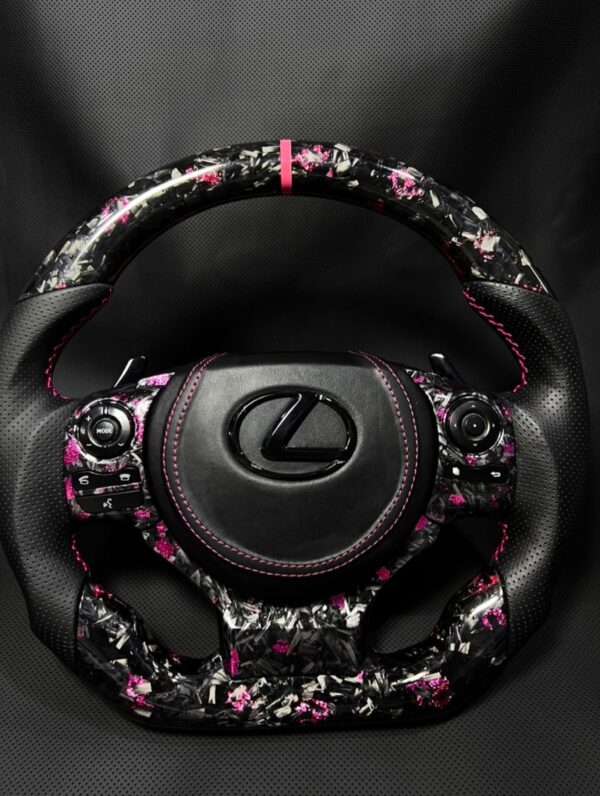 Lexus F Sport Pink Forged Carbon Fiber Steering Wheel | Custom Flat Bottom | Black Perforated Leather