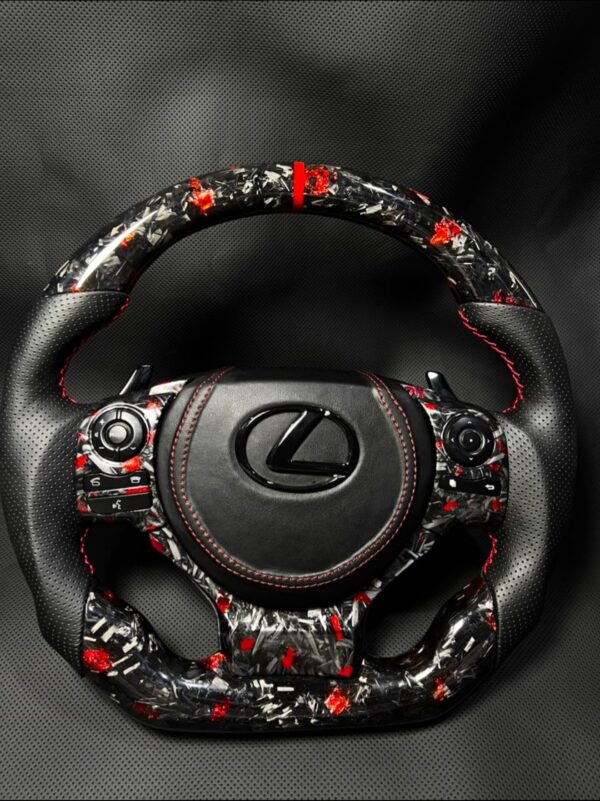 Lexus F Sport Lava Red Forged Carbon Fiber Steering Wheel | Custom Flat Bottom | Black Perforated Leather